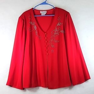 EY Boutique Red Crepe Button Down Blouse With Rhinestone Embellishment  Size 18W